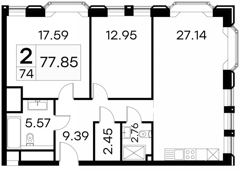 2-комнатные апартаменты с частичной отделкой, 77.85 м2, 7 этаж, сдача 3 квартал 2024 г., ЖК GloraX Aura Белорусская, корпус 1 - объявление 1708654 - фото №1