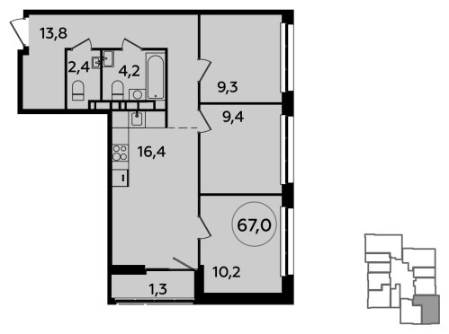 3-комнатная квартира с полной отделкой, 67 м2, 17 этаж, сдача 2 квартал 2024 г., ЖК Южные сады, корпус 1.1 - объявление 1512033 - фото №1