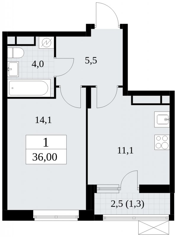1-комнатная квартира без отделки, 36 м2, 14 этаж, сдача 1 квартал 2025 г., ЖК Прокшино, корпус 5.1.3 - объявление 1810846 - фото №1