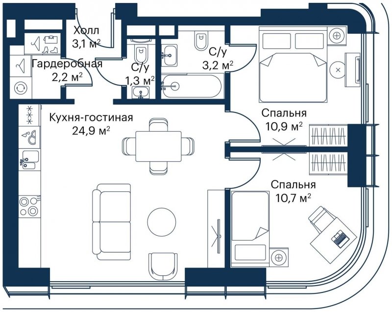 2-комнатная квартира с частичной отделкой, 56.3 м2, 2 этаж, сдача 4 квартал 2023 г., ЖК City Bay, корпус Atlantic Ocean 1 - объявление 1645541 - фото №1
