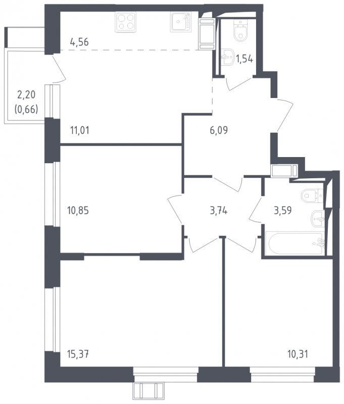 4-комнатная квартира с полной отделкой, 67.72 м2, 4 этаж, сдача 2 квартал 2023 г., ЖК Пригород Лесное, корпус 2.2 - объявление 1713793 - фото №1