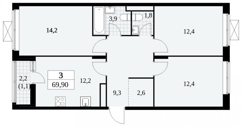 3-комнатная квартира без отделки, 69.9 м2, 12 этаж, сдача 2 квартал 2024 г., ЖК Прокшино, корпус 6.1 - объявление 1662610 - фото №1