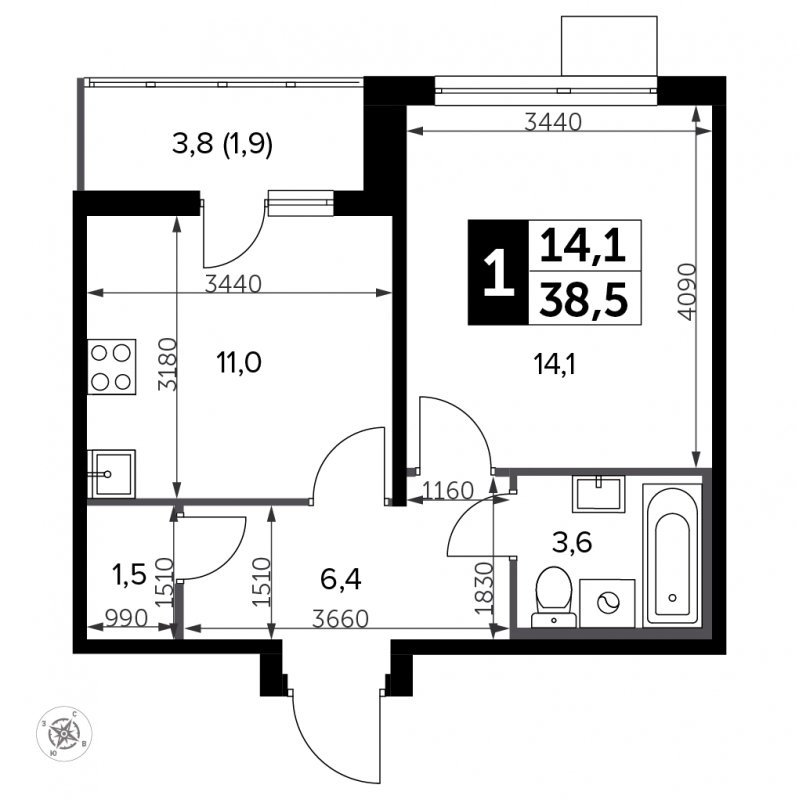 1-комнатная квартира с полной отделкой, 38.5 м2, 16 этаж, сдача 3 квартал 2023 г., ЖК Южная Битца, корпус 12 - объявление 1818315 - фото №1