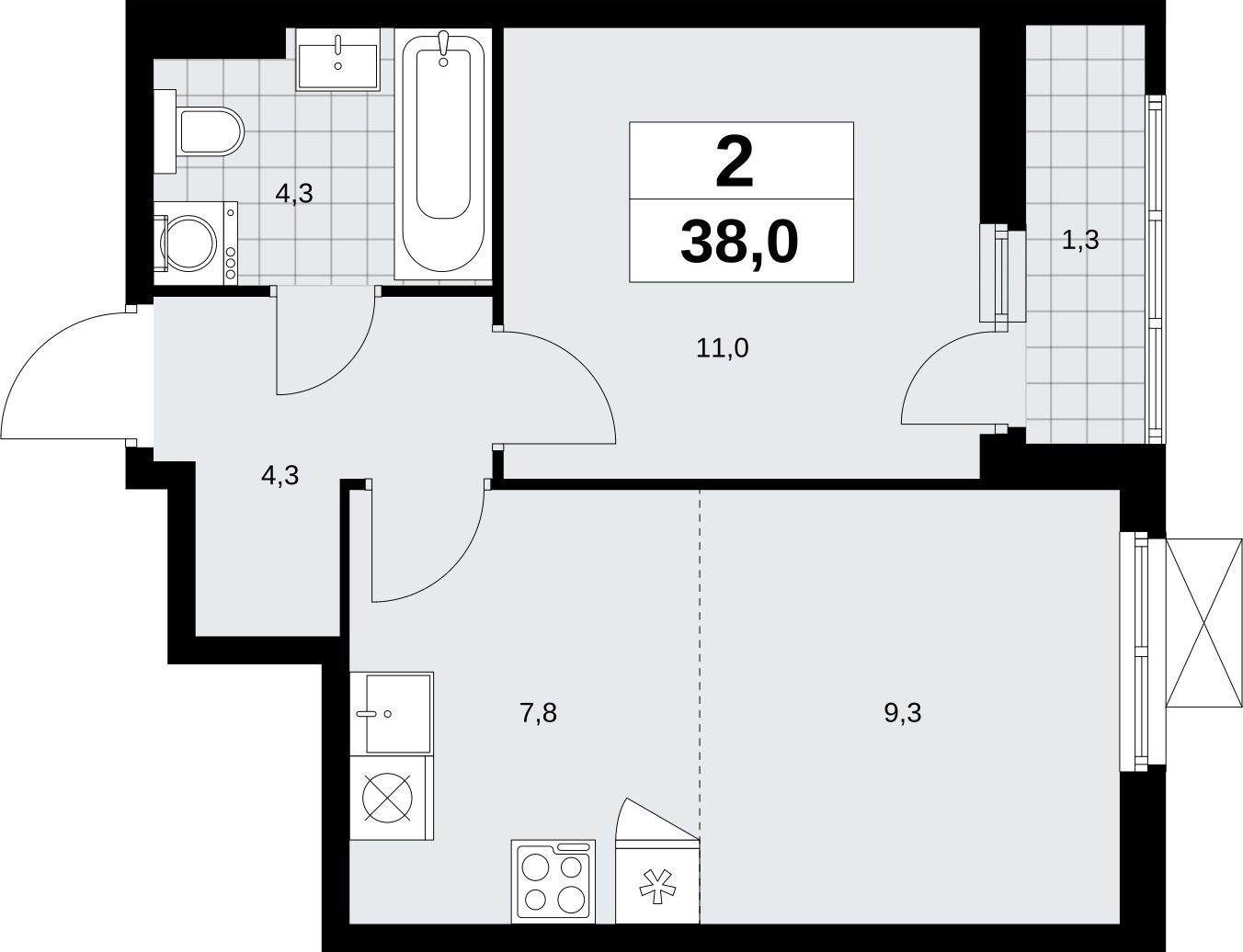 2-комнатная квартира (евро) с полной отделкой, 38 м2, 8 этаж, сдача 3 квартал 2026 г., ЖК Дзен-кварталы, корпус 6.1.3 - объявление 2327889 - фото №1