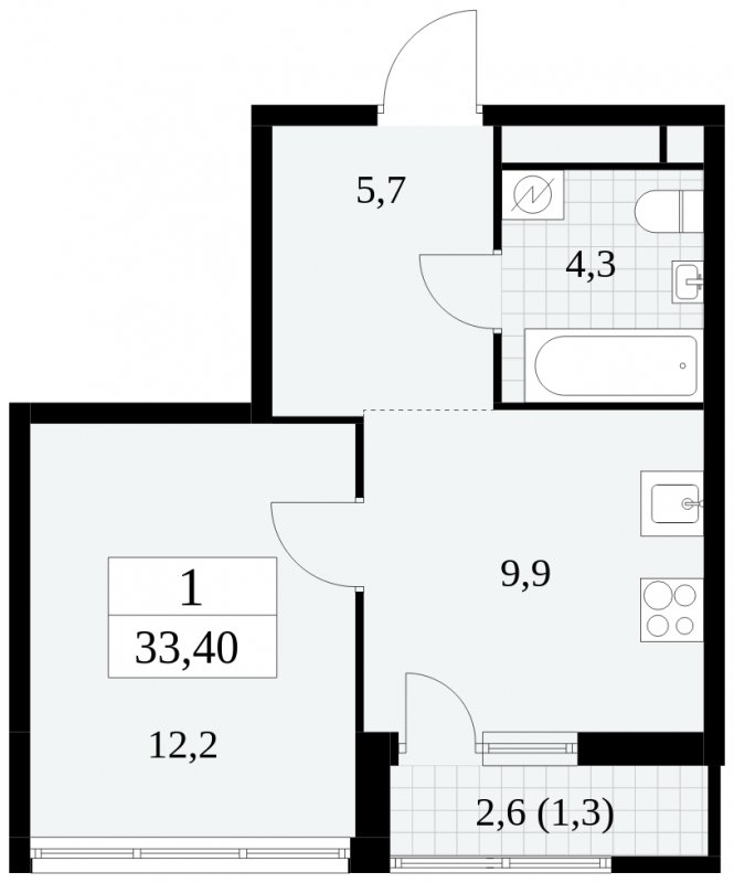 1-комнатная квартира с частичной отделкой, 33.4 м2, 16 этаж, сдача 2 квартал 2025 г., ЖК Южные сады, корпус 2.1 - объявление 1760899 - фото №1