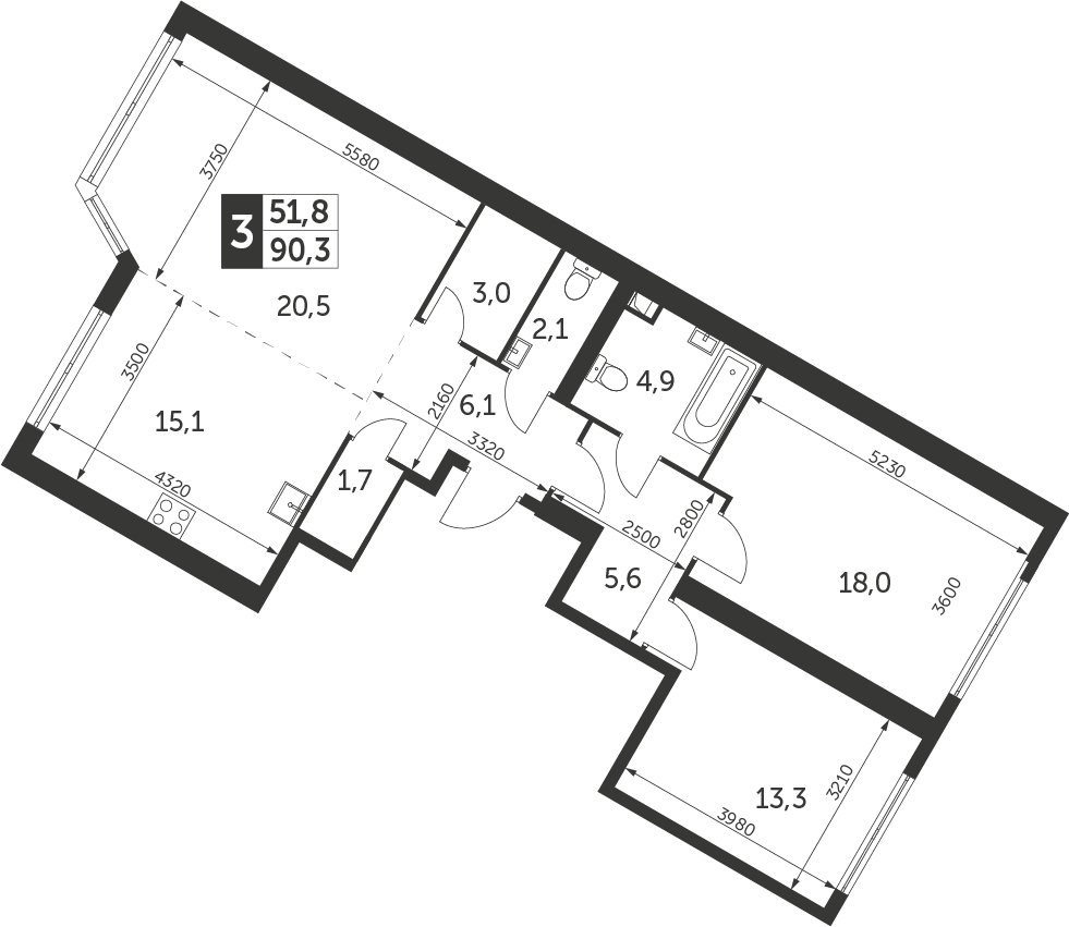 3-комнатная квартира без отделки, 90.3 м2, 41 этаж, дом сдан, ЖК Архитектор, корпус 1 - объявление 2378093 - фото №1