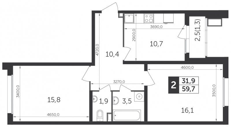 2-комнатная квартира с частичной отделкой, 59.6 м2, 7 этаж, дом сдан, ЖК Датский квартал, корпус 1 - объявление 1777764 - фото №1