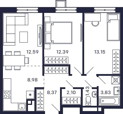 2-комнатная квартира с частичной отделкой, 59.48 м2, 21 этаж, сдача 2 квартал 2025 г., ЖК Квартал Тетрис, корпус "Квартал Тетрис 2.2" - объявление 2335395 - фото №1