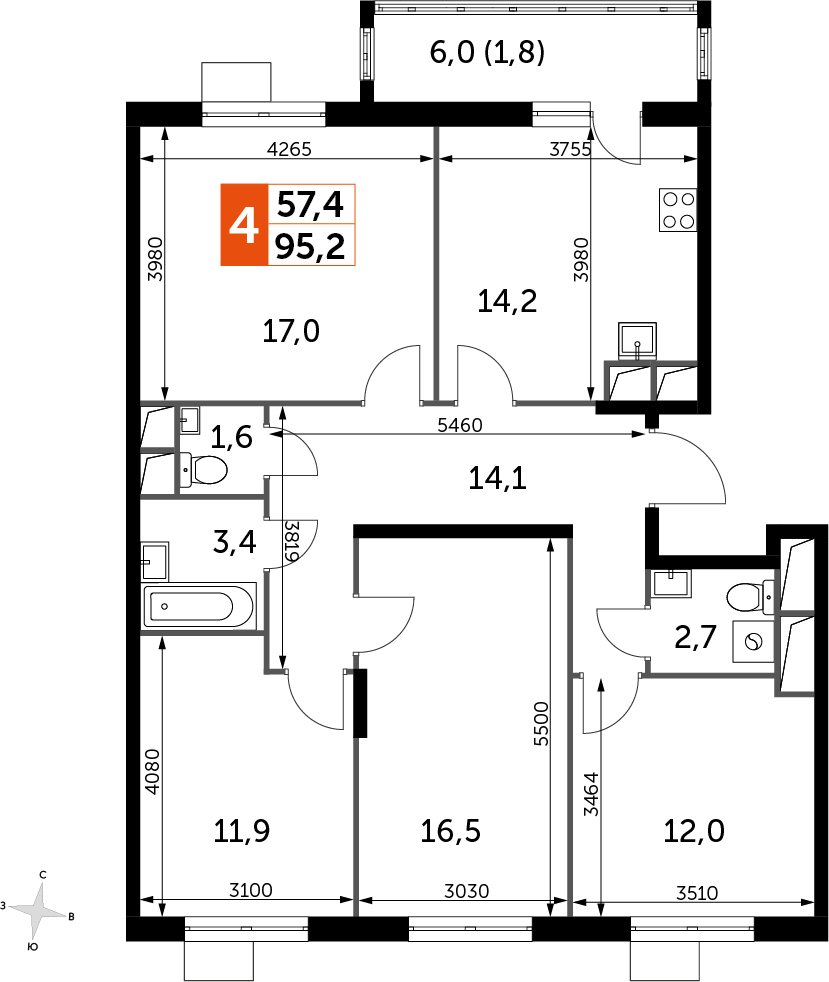 4-комнатная квартира с частичной отделкой, 95.1 м2, 15 этаж, дом сдан, ЖК UP-квартал Римский, корпус 7 - объявление 2359895 - фото №1