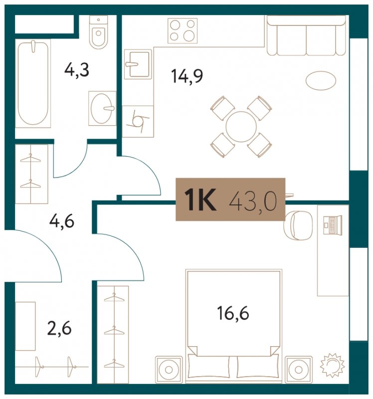 1-комнатная квартира 43 м2, 4 этаж, сдача 4 квартал 2022 г., ЖК Настоящее, корпус 3 - объявление 1711351 - фото №1
