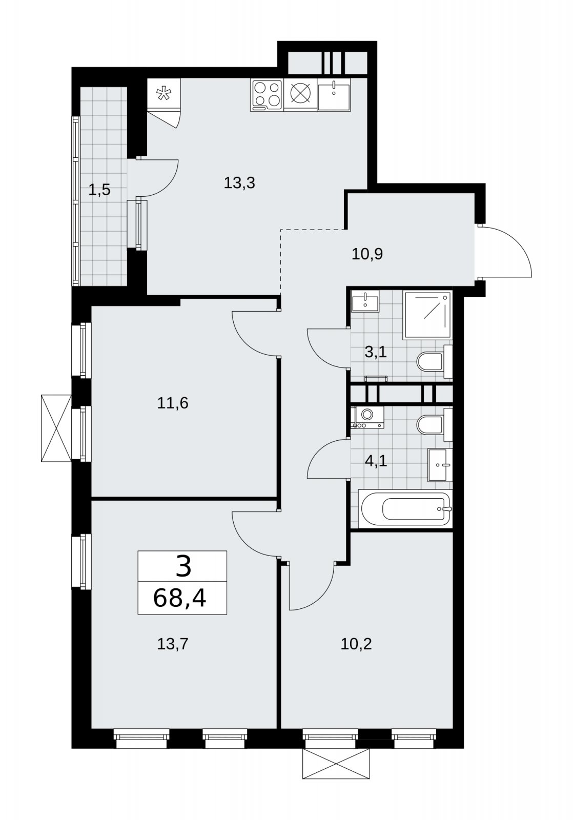3-комнатная квартира без отделки, 68.4 м2, 15 этаж, сдача 1 квартал 2026 г., ЖК Скандинавия, корпус 37.2.2 - объявление 2254593 - фото №1