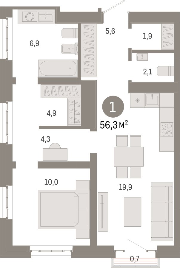 1-комнатная квартира с частичной отделкой, 56.3 м2, 28 этаж, сдача 3 квартал 2026 г., ЖК Квартал Метроном, корпус 1 - объявление 2300773 - фото №1