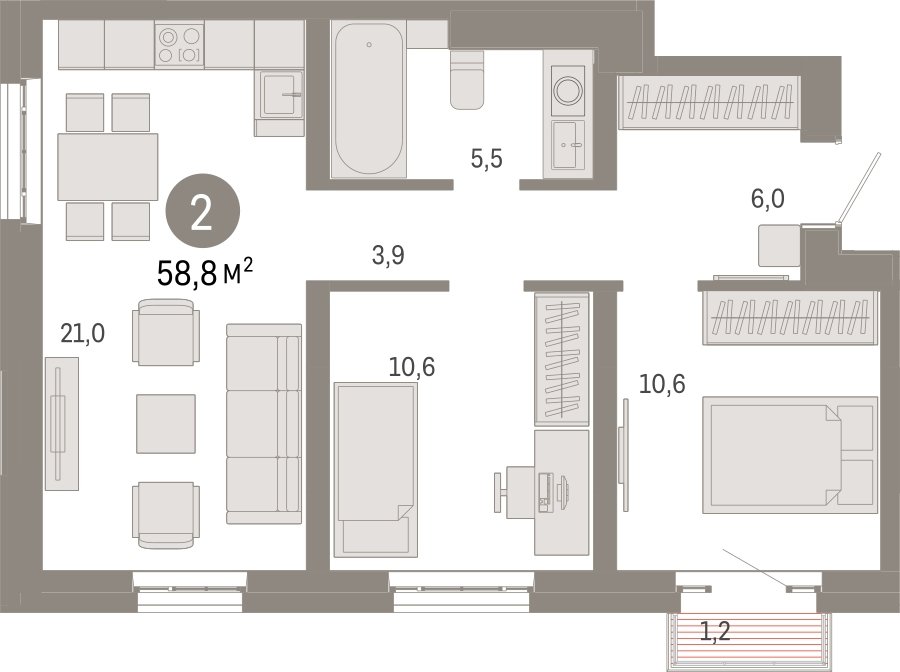 2-комнатная квартира с частичной отделкой, 58.8 м2, 23 этаж, сдача 3 квартал 2026 г., ЖК Квартал Метроном, корпус 1 - объявление 2300694 - фото №1