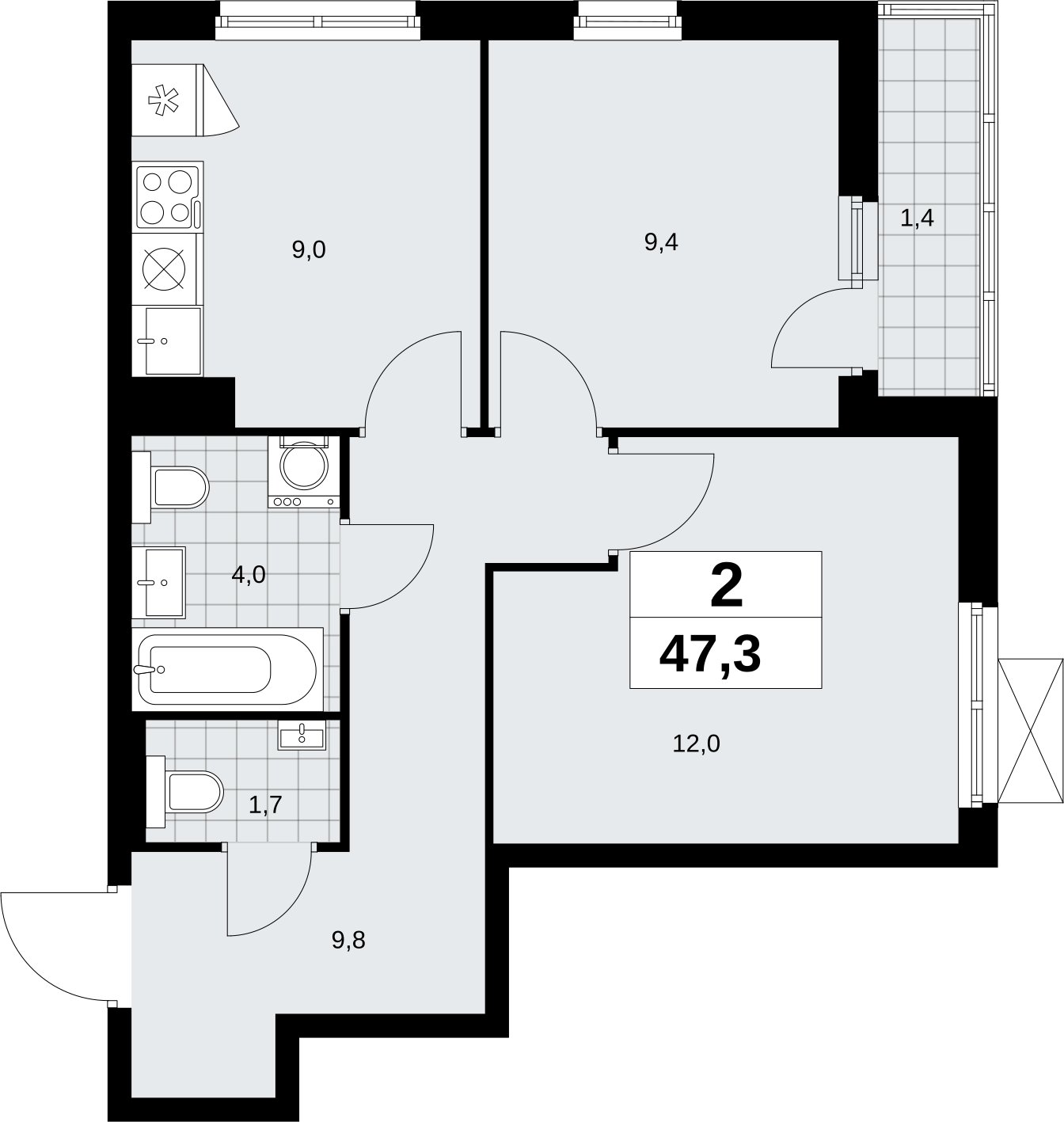 2-комнатная квартира без отделки, 47.3 м2, 9 этаж, сдача 2 квартал 2026 г., ЖК Дзен-кварталы, корпус 6.1.1 - объявление 2327073 - фото №1