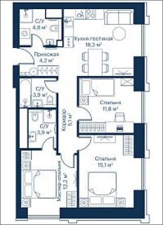 3-комнатная квартира с частичной отделкой, 79.2 м2, 14 этаж, сдача 2 квартал 2024 г., ЖК City Bay, корпус Indian Ocean 6 - объявление 1982644 - фото №1
