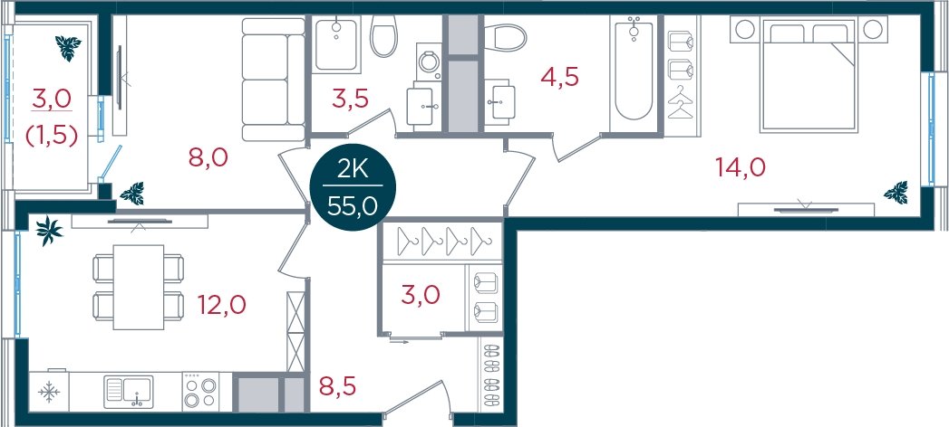 2-комнатная квартира без отделки, 55 м2, 10 этаж, дом сдан, ЖК РУСИЧ Новые Котельники, корпус 2 - объявление 2432879 - фото №1