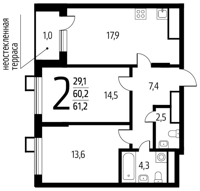 2-комнатная квартира с полной отделкой, 61.2 м2, 14 этаж, дом сдан, ЖК Новые Ватутинки. Центральный, корпус 9/2/2.2 - объявление 1674732 - фото №1