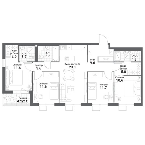 4-комнатная квартира без отделки, 105.6 м2, 6 этаж, сдача 1 квартал 2023 г., ЖК Nagatino i-Land, корпус Б - объявление 1785259 - фото №1