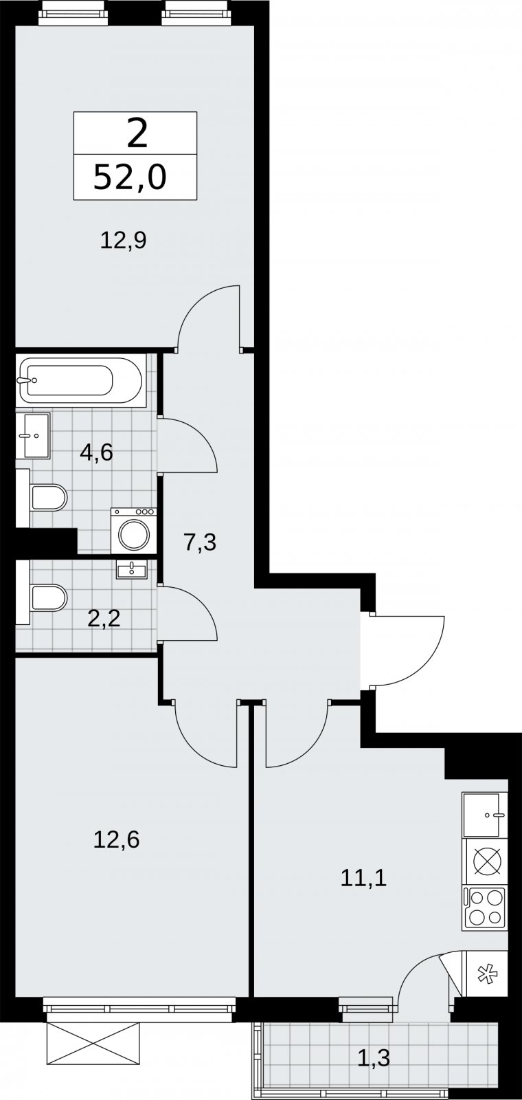 2-комнатная квартира без отделки, 52 м2, 4 этаж, сдача 2 квартал 2026 г., ЖК Бунинские кварталы, корпус 7.3 - объявление 2313760 - фото №1