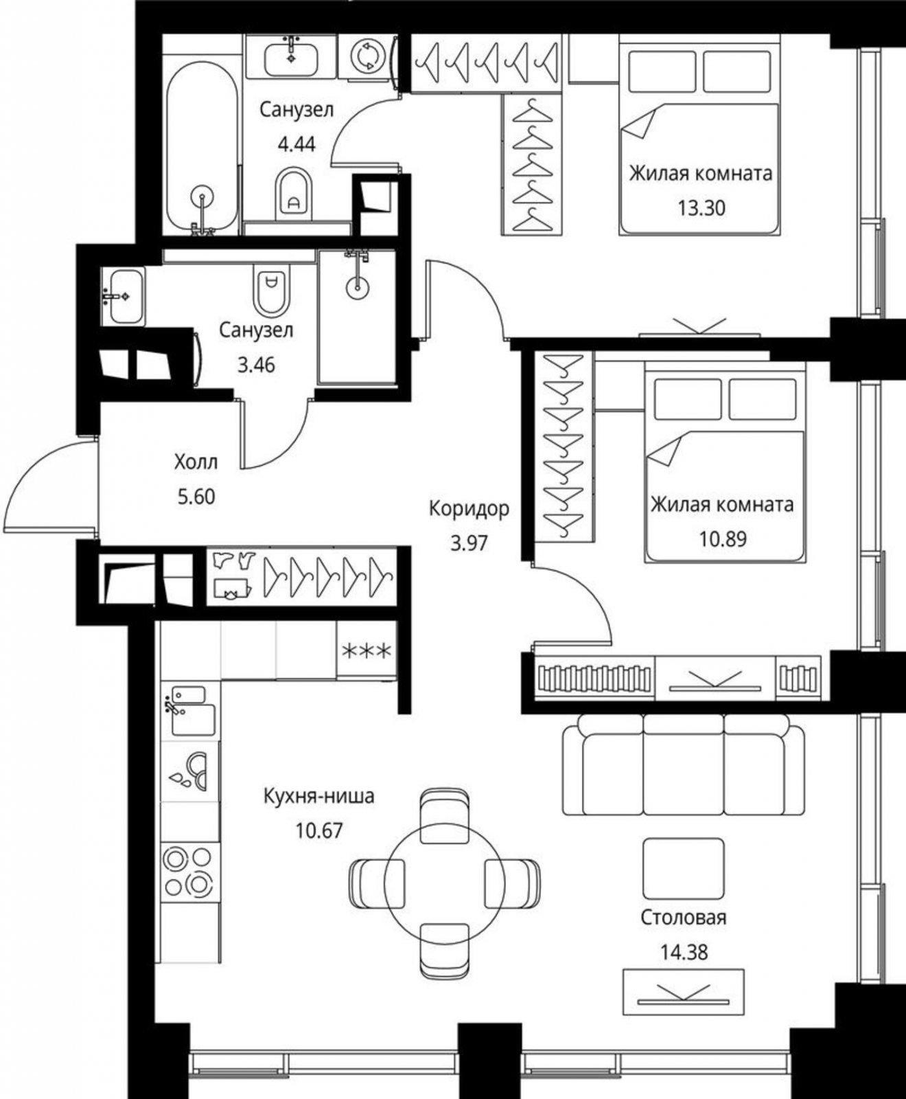 2-комнатная квартира без отделки, 66.71 м2, 4 этаж, сдача 3 квартал 2026 г., ЖК City Bay, корпус North Ocean 5 - объявление 2240563 - фото №1