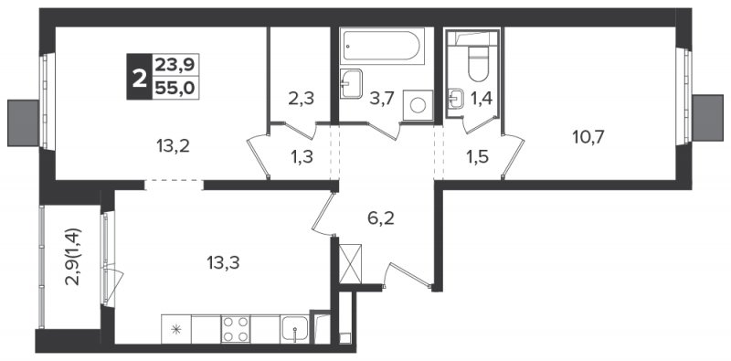 2-комнатная квартира с полной отделкой, 55 м2, 4 этаж, дом сдан, ЖК Южная Битца, корпус 6 - объявление 1314406 - фото №1