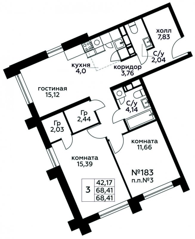 3-комнатная квартира с полной отделкой, 68.41 м2, 20 этаж, сдача 3 квартал 2024 г., ЖК МелисСад, корпус 1 - объявление 1821708 - фото №1