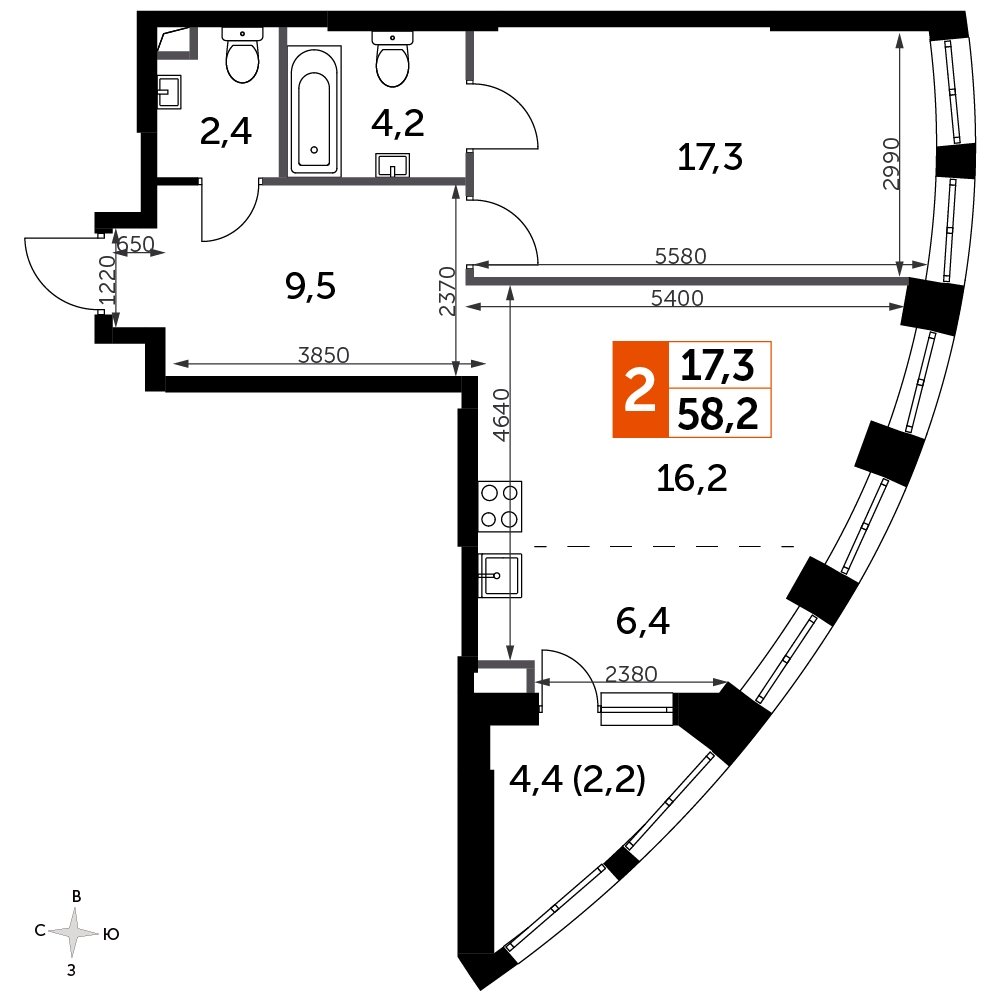 1-комнатная квартира с частичной отделкой, 58.2 м2, 16 этаж, сдача 3 квартал 2024 г., ЖК Sydney City, корпус 2.2 - объявление 2260119 - фото №1