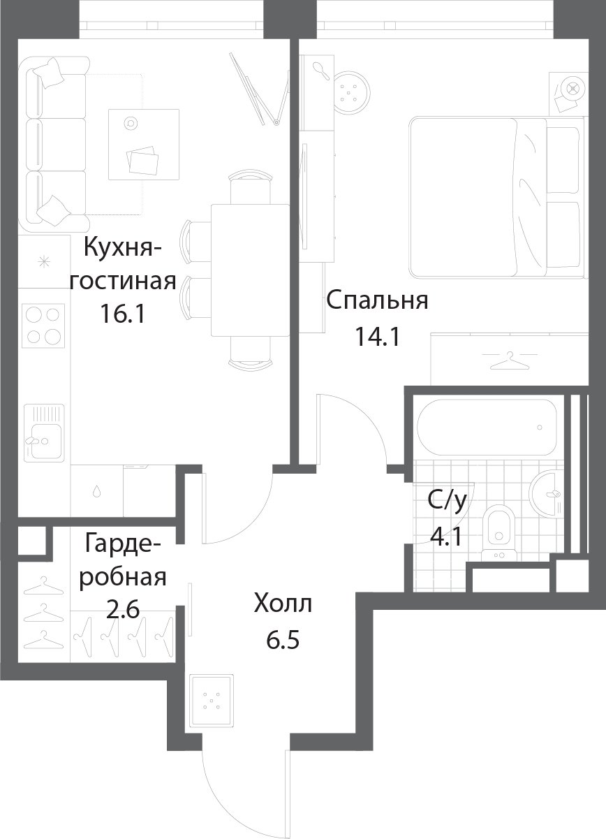 1-комнатная квартира без отделки, 43.4 м2, 27 этаж, сдача 3 квартал 2025 г., ЖК Nagatino i-Land, корпус 2 (3 очередь) - объявление 1981061 - фото №1