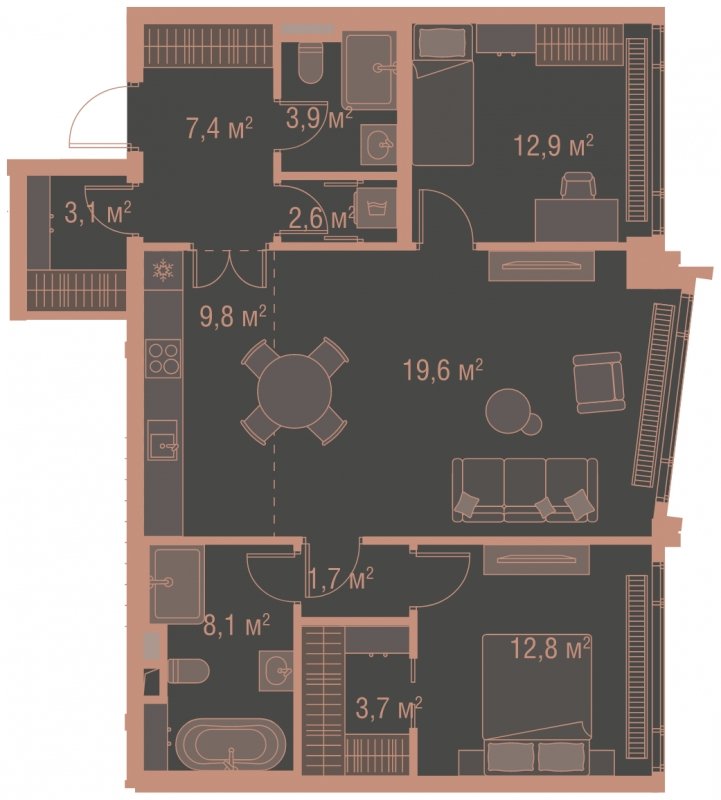 3-комнатная квартира без отделки, 85.6 м2, 4 этаж, сдача 1 квартал 2025 г., ЖК HIGH LIFE, корпус Fell Tower - объявление 1770904 - фото №1