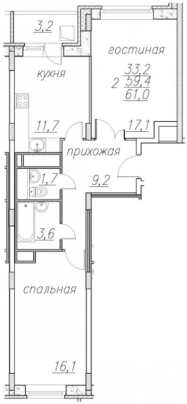 2-комнатная квартира с полной отделкой, 62.9 м2, 3 этаж, дом сдан, ЖК Полет Ногинск, корпус 8 - объявление 1702720 - фото №1