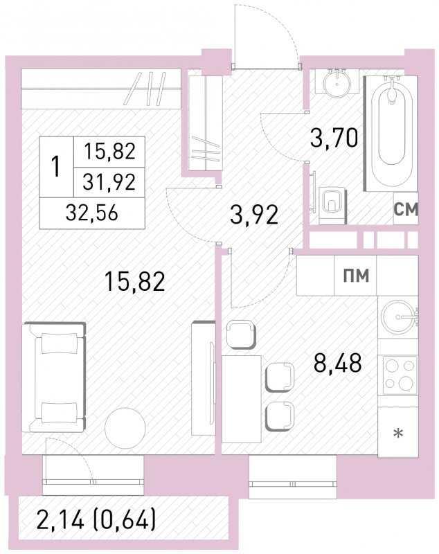 1-комнатная квартира с полной отделкой, 32.56 м2, 5 этаж, сдача 2 квартал 2023 г., ЖК Столичный, корпус 24 - объявление 1650953 - фото №1