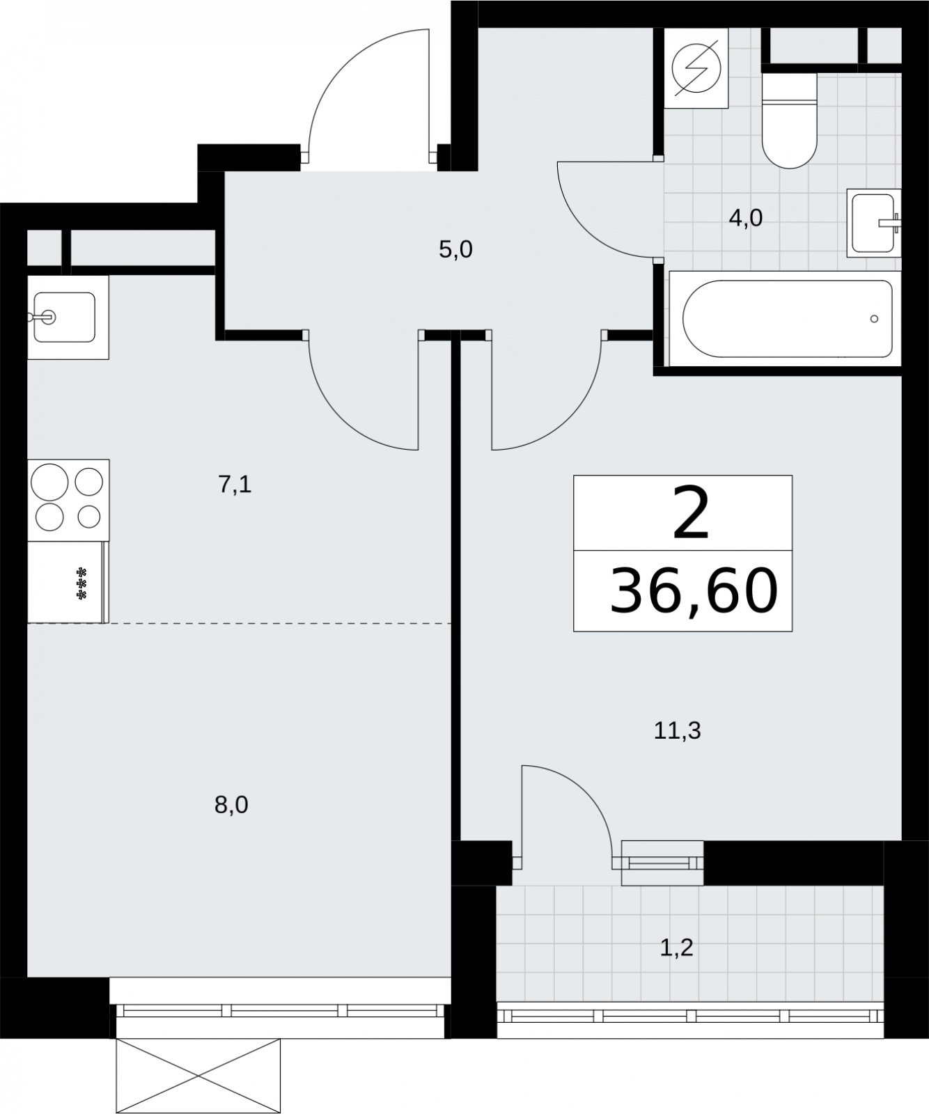 2-комнатная квартира (евро) без отделки, 36.6 м2, 4 этаж, сдача 3 квартал 2026 г., ЖК Родные кварталы, корпус 2 - объявление 2295478 - фото №1