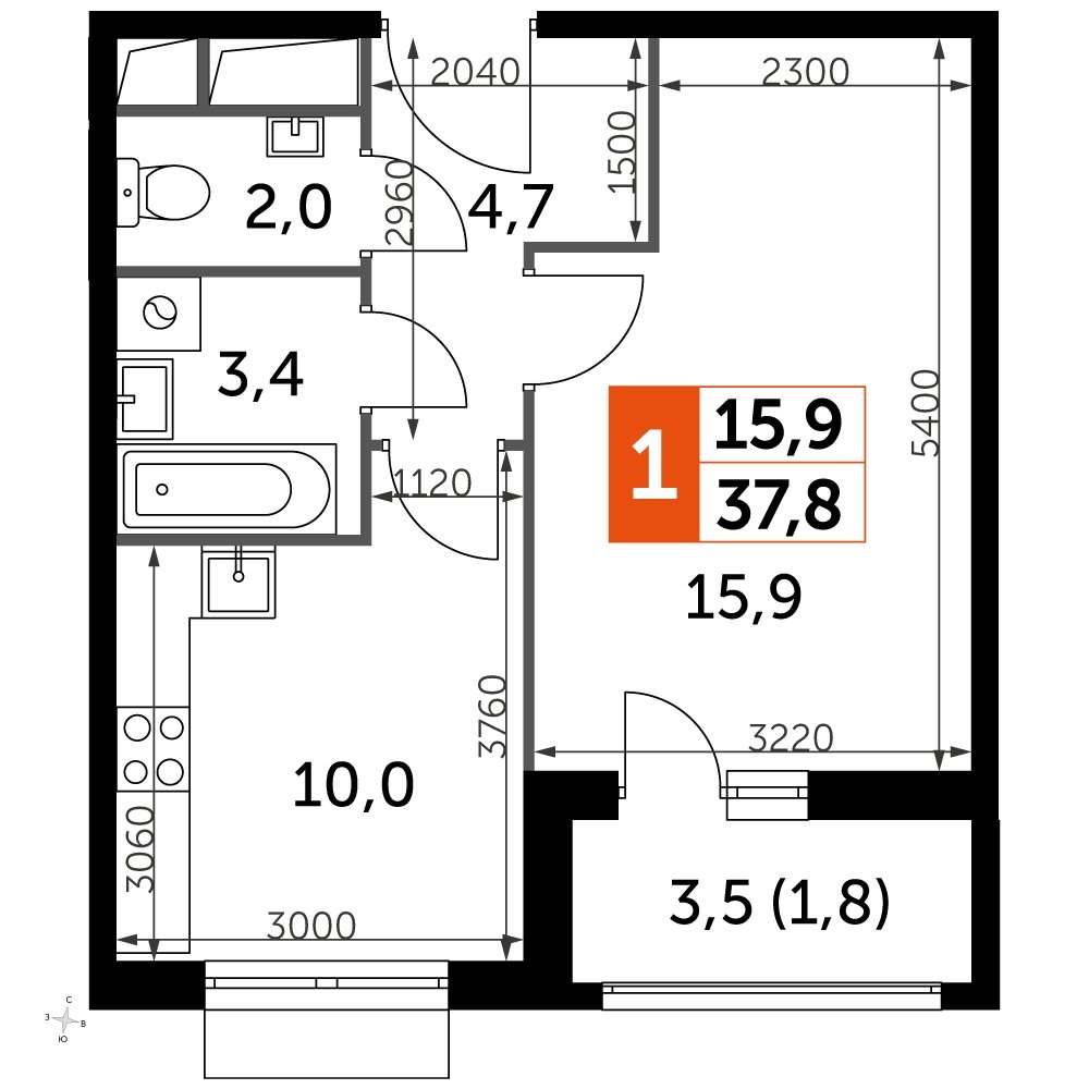 1-комнатная квартира с частичной отделкой, 37.8 м2, 7 этаж, сдача 3 квартал 2023 г., ЖК UP-квартал Римский, корпус 7 - объявление 2208428 - фото №1