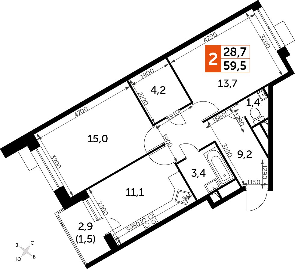 2-комнатная квартира без отделки, 59.4 м2, 6 этаж, дом сдан, ЖК Датский квартал, корпус 2 - объявление 2350412 - фото №1