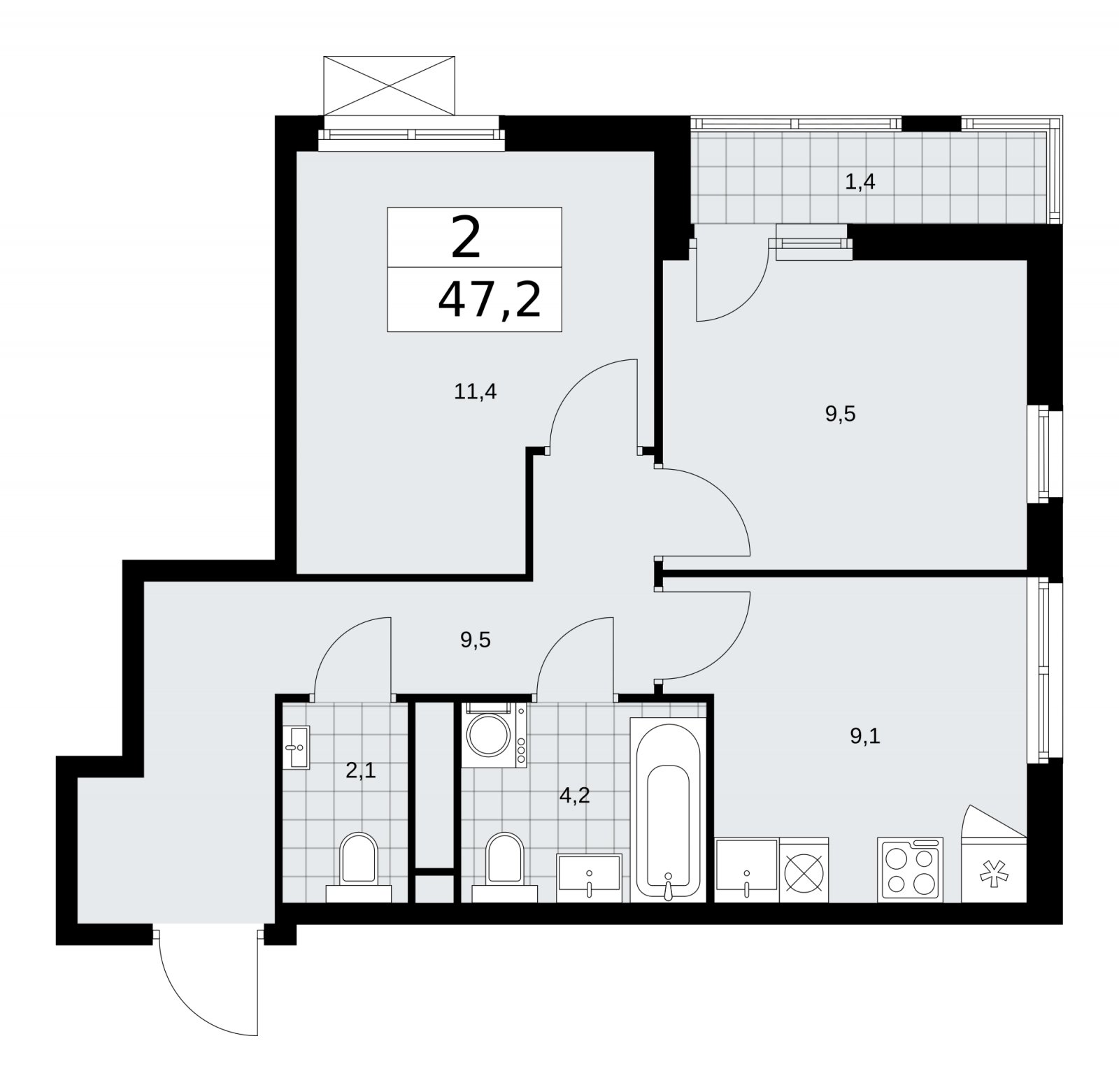 2-комнатная квартира с частичной отделкой, 47.2 м2, 9 этаж, сдача 1 квартал 2026 г., ЖК Прокшино, корпус 11.1.1 - объявление 2257216 - фото №1