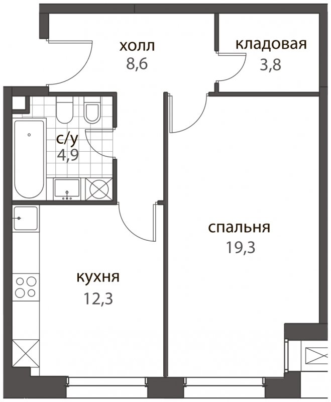 1-комнатная квартира без отделки, 48.9 м2, 1 этаж, дом сдан, ЖК HomeCity, корпус 2 - объявление 1638591 - фото №1