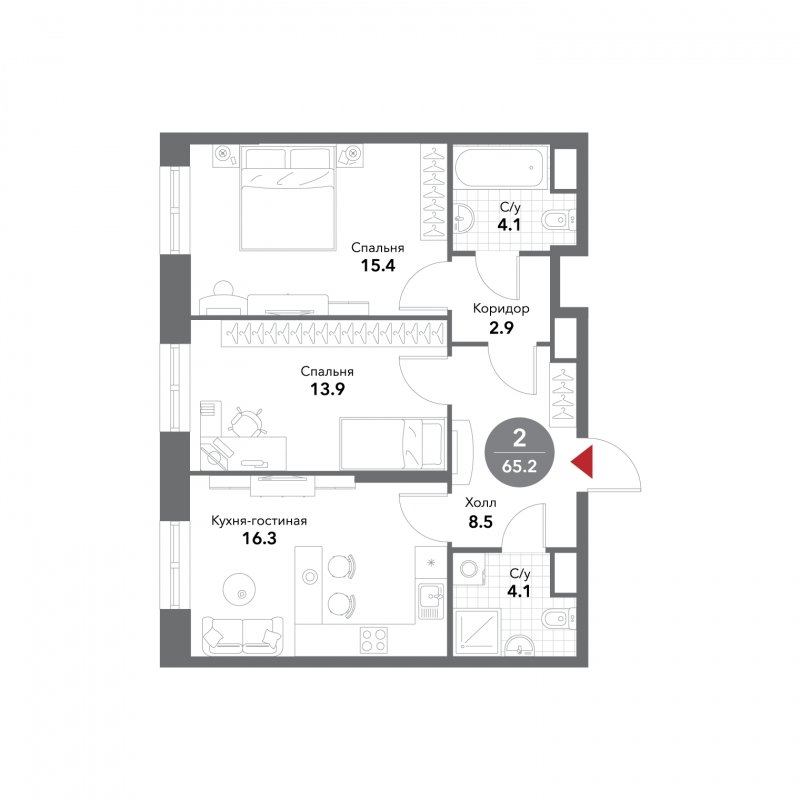 2-комнатные апартаменты без отделки, 65.2 м2, 13 этаж, сдача 3 квартал 2025 г., ЖК VOXHALL, корпус 4 - объявление 1794672 - фото №1