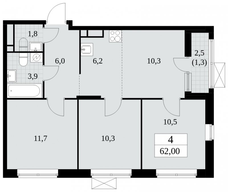 4-комнатная квартира (евро) с полной отделкой, 62 м2, 10 этаж, сдача 2 квартал 2025 г., ЖК Прокшино, корпус 5.1.1 - объявление 1859880 - фото №1