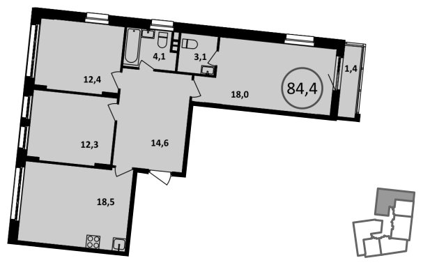 3-комнатная квартира без отделки, 84.4 м2, 5 этаж, сдача 4 квартал 2022 г., ЖК Испанские кварталы, корпус 5.1 - объявление 1409204 - фото №1