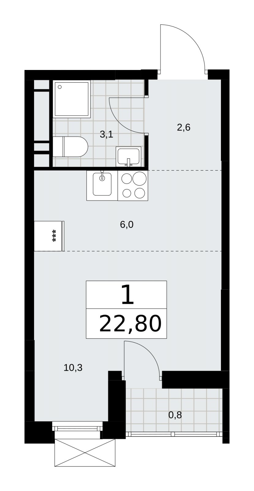 Студия без отделки, 22.8 м2, 16 этаж, сдача 3 квартал 2025 г., ЖК Скандинавия, корпус 28.1 - объявление 2201938 - фото №1