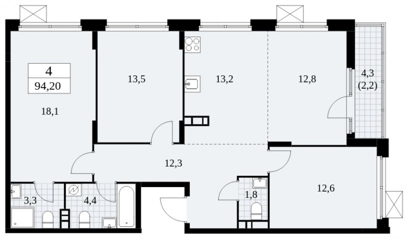 4-комнатная квартира (евро) без отделки, 94.2 м2, 3 этаж, сдача 1 квартал 2025 г., ЖК Скандинавия, корпус 2.27.5 - объявление 1840788 - фото №1