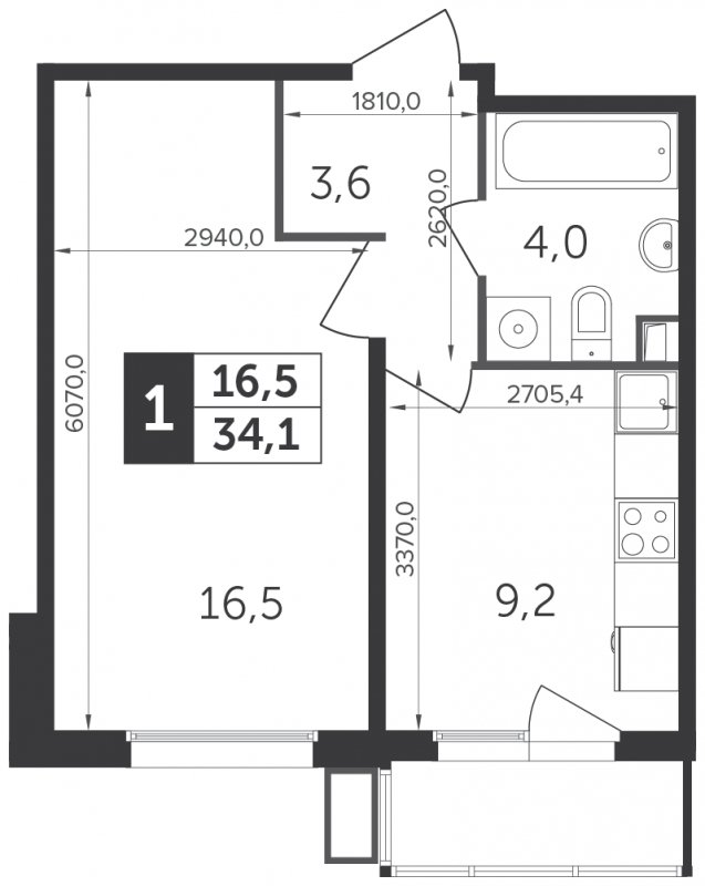 1-комнатная квартира с частичной отделкой, 34.1 м2, 20 этаж, дом сдан, ЖК Датский квартал, корпус 1 - объявление 1746788 - фото №1