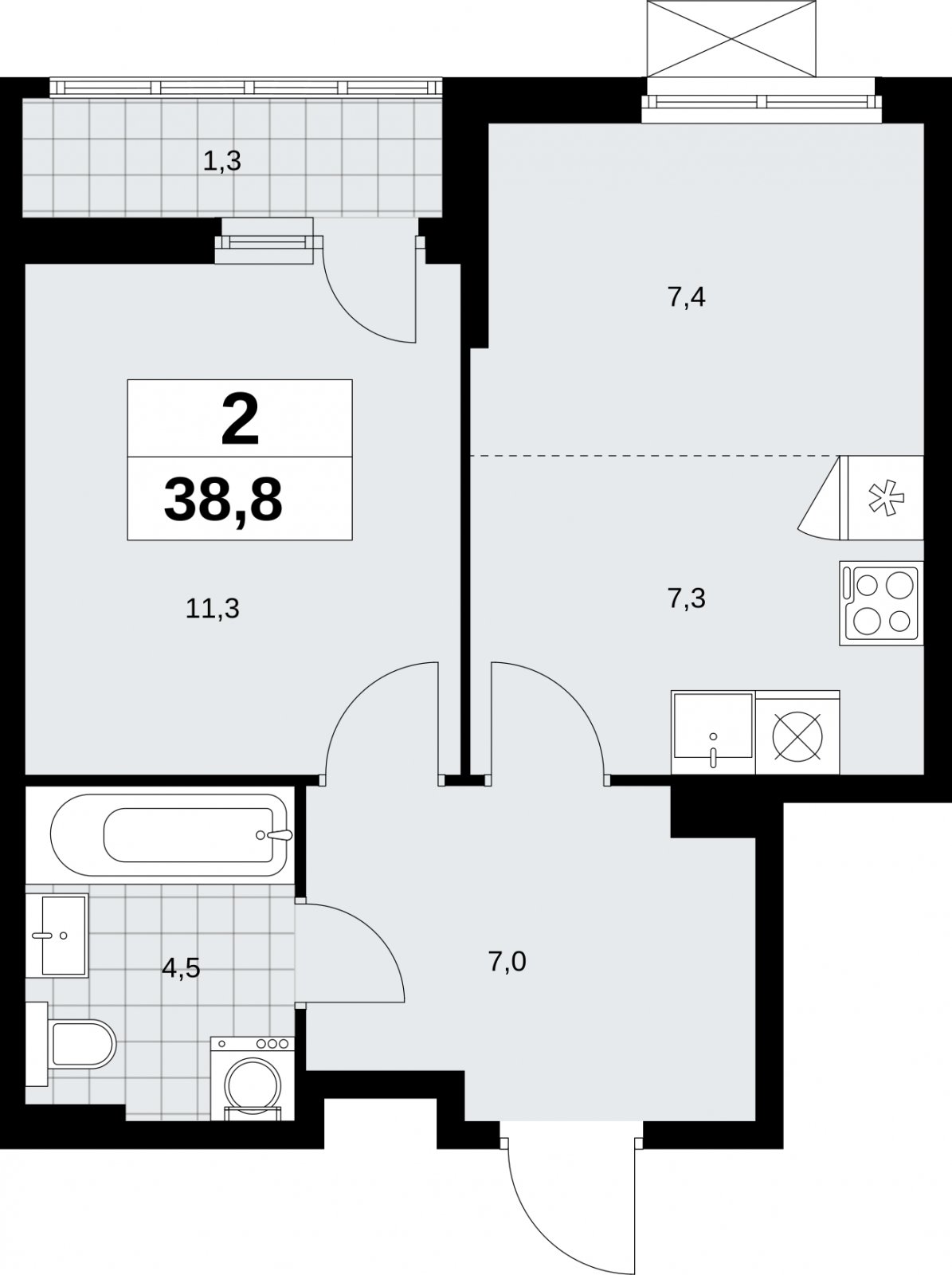 2-комнатная квартира (евро) без отделки, 38.8 м2, 4 этаж, сдача 2 квартал 2026 г., ЖК Дзен-кварталы, корпус 6.1.1 - объявление 2327143 - фото №1