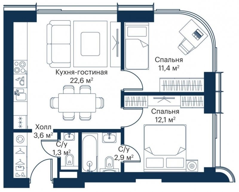 2-комнатная квартира с частичной отделкой, 53.9 м2, 4 этаж, сдача 4 квартал 2023 г., ЖК City Bay, корпус Atlantic Ocean 2 - объявление 1710920 - фото №1