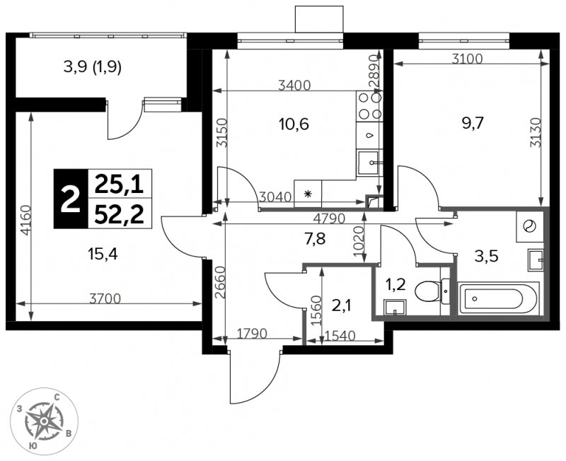2-комнатная квартира с частичной отделкой, 52.2 м2, 2 этаж, сдача 3 квартал 2023 г., ЖК Южная Битца, корпус 11 - объявление 1651882 - фото №1