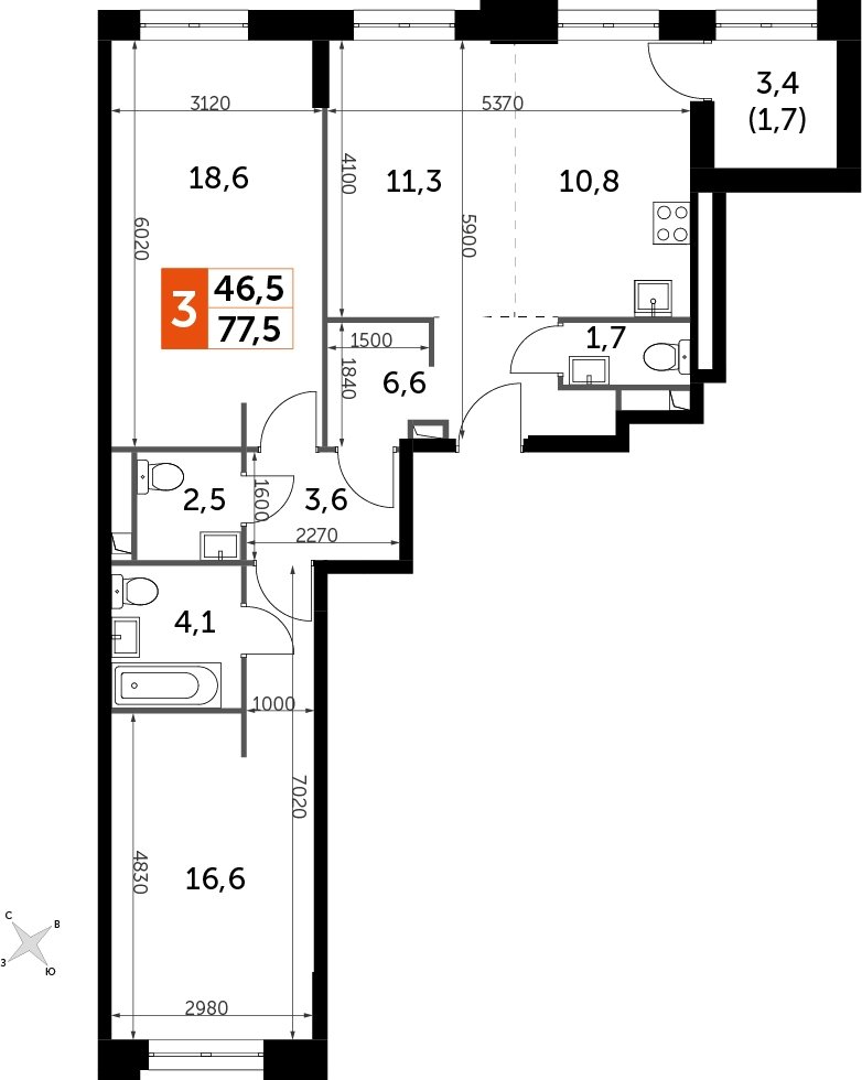 3-комнатная квартира с частичной отделкой, 77.5 м2, 4 этаж, дом сдан, ЖК Sydney City, корпус 1 - объявление 2238344 - фото №1