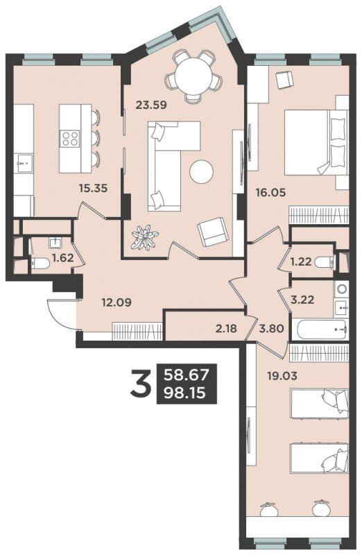 3-комнатная квартира 99 м2, 3 этаж, дом сдан, ЖК Лефорт, корпус 3 - объявление 1660493 - фото №1