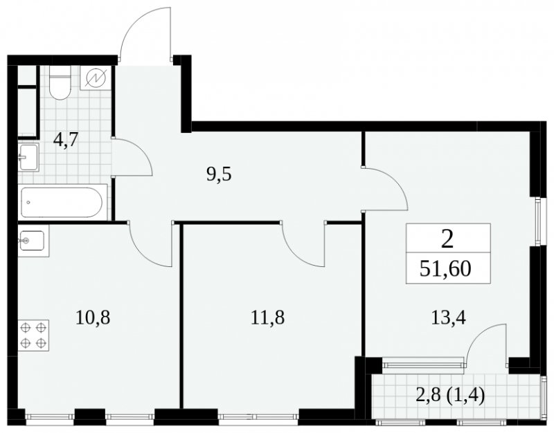 2-комнатная квартира без отделки, 51.6 м2, 11 этаж, сдача 2 квартал 2025 г., ЖК Южные сады, корпус 2.4 - объявление 1760320 - фото №1