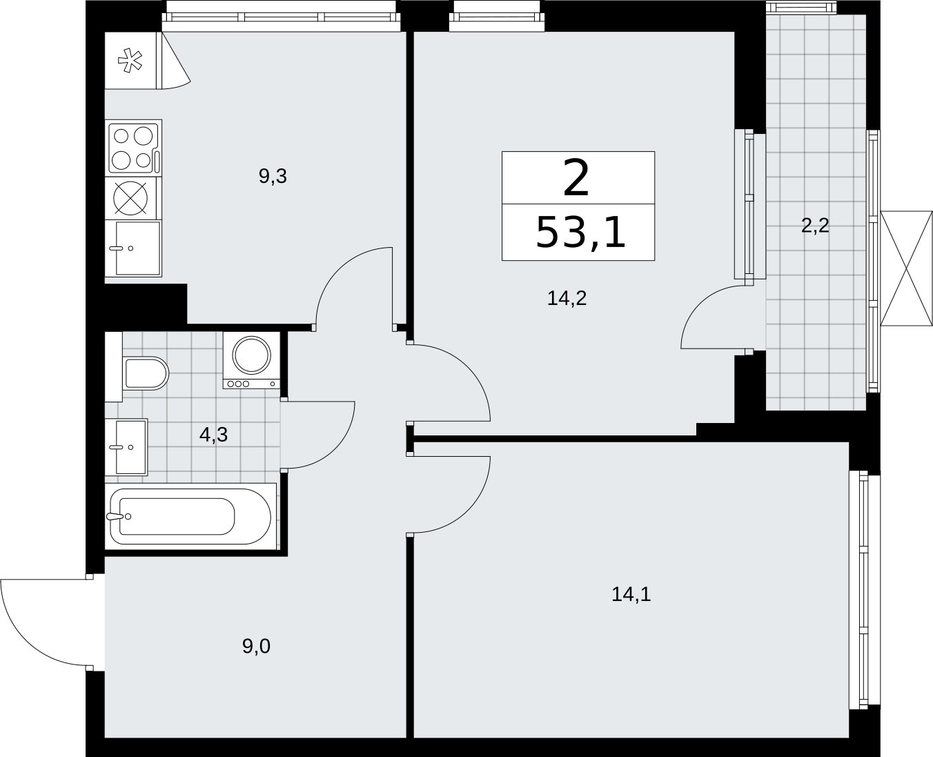 2-комнатная квартира без отделки, 53.1 м2, 14 этаж, сдача 2 квартал 2026 г., ЖК Бунинские кварталы, корпус 7.4 - объявление 2314143 - фото №1