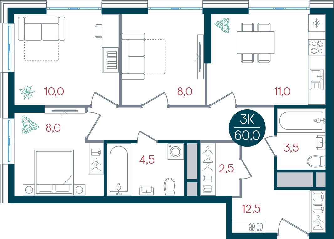 3-комнатная квартира без отделки, 60 м2, 2 этаж, дом сдан, ЖК РУСИЧ Новые Котельники, корпус 3 - объявление 2433630 - фото №1